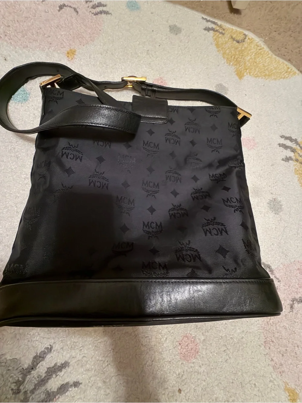 MCM Black Vintage Monogram Nylon Crossbody with Gold Plaque